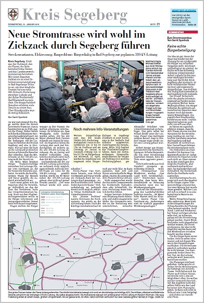 Segeberger Zeitung 22.1.2015 Neue Stromtrasse läuft Zickzack 380 KV Ostküstenleitung