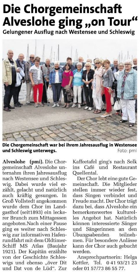 Bericht über den Ausflug vom Alvesloher Chor aus der Zeitung Markt-Extra vom 25. August 2018