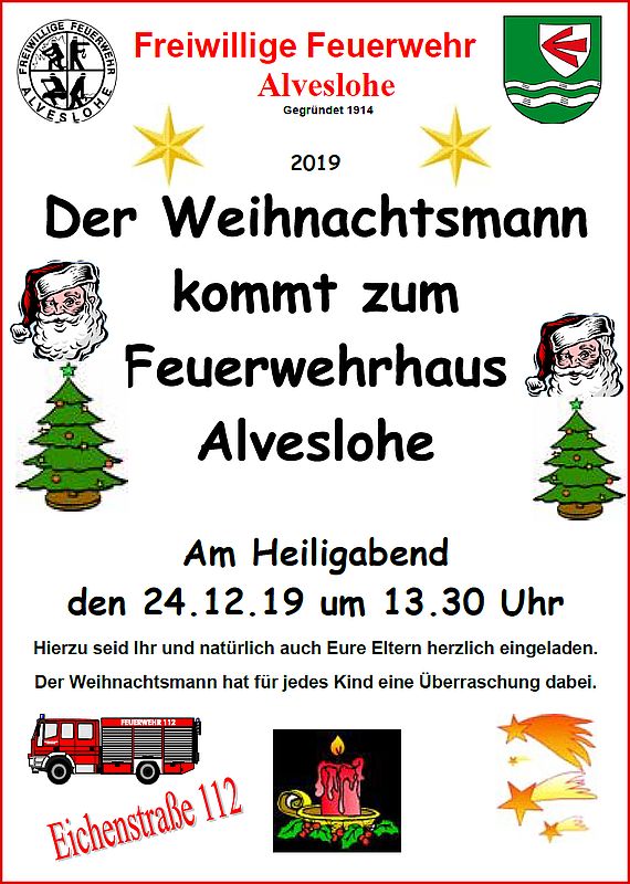 Der Weihnachtsmann kommt zur Freiwilligen Feuerwehr am 24.12. um 13.30 Uhr