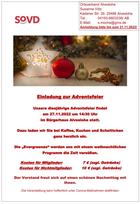 SoVD Alveslohe Adventsfeier am Sonntag den 27.11.2022