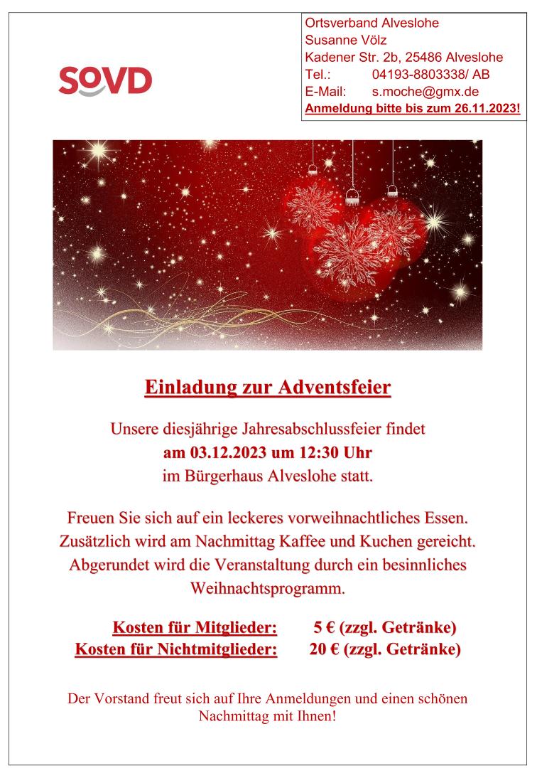 SoVD Alveslohe Adventsfeier 03.12.2023 14.30 Bürgerhaus
