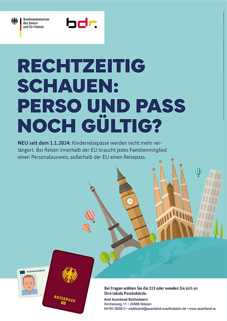 NEU seit dem 1.1.2024: Kinderreisepässe werden nicht mehr verlängert. Bei Reisen innerhalb der EU braucht jedes Familienmitglied einen Personalausweis; außerhalb der EU einen Reisepass