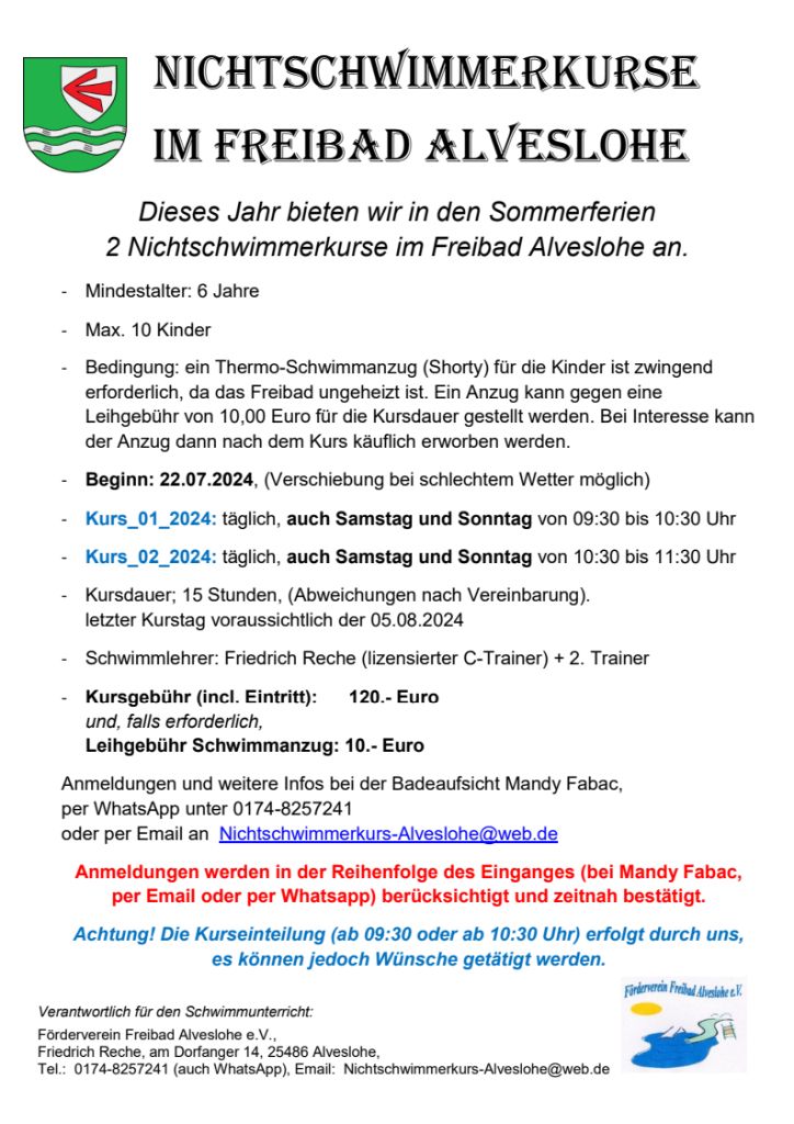 Formular und Infos zum Nichtschwimmerkurs Link zum Anmeldeformular für den Nichtschwimmerkurs im Alvesloher Freibad