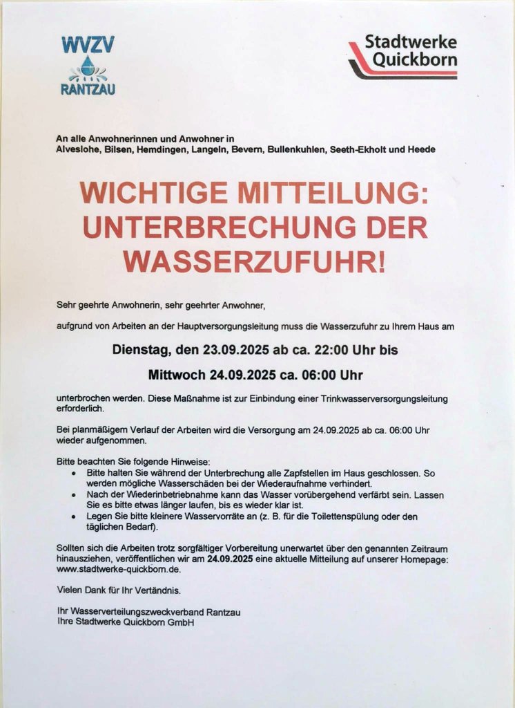 Wasserzufuhr Unterbrechung vom 23. auf den 24. 9. 2025