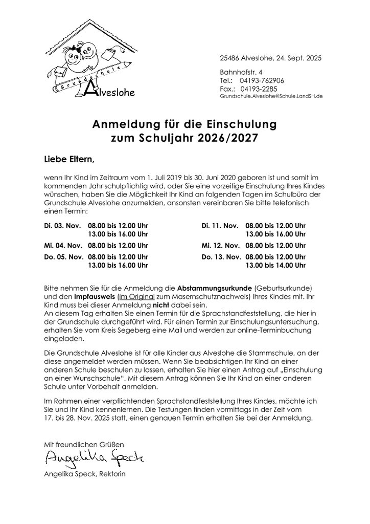 Anmeldung für die Einschulung 2026/2027