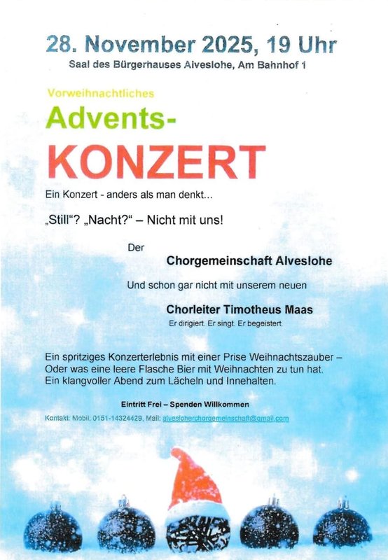 Weihnachtlichses Chorkonzert am 28. Nov. im Bürgerhaus ab 19.00 Uhr