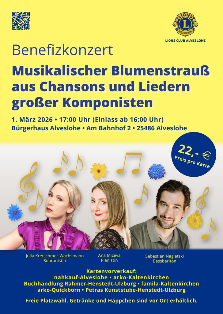 Einen musikalischen Blumenstrau&szlig; bietet der Lionsclub Alveslohe am 1. M&auml;rz 2026 mit seinem Benefizkonzert mit Chansons und Liedern gro&szlig;er Komponisten.  