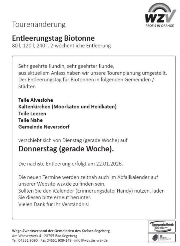 Biotonnen Leerung verschiebt sich in Teilen von Alveslohe von Dienstag auf Donnerstag. Nächste Leerung am 22.1.2026
