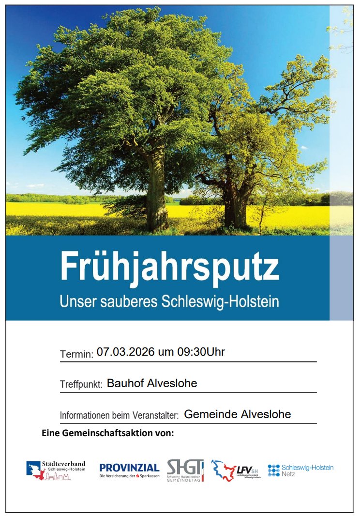 Frühjahrsputz in Alveslohe am 07.03.2026 um 9.30 Uhr Treffen am Bauhof Alveslohe