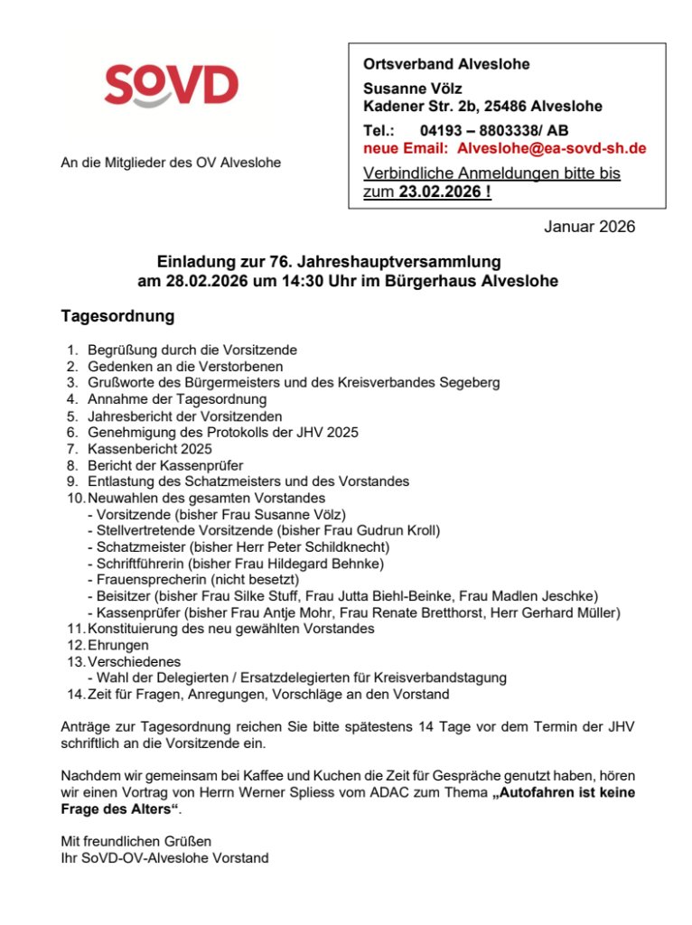76. JHV SoVD Alveslohe am 28.2. 2026 14.30