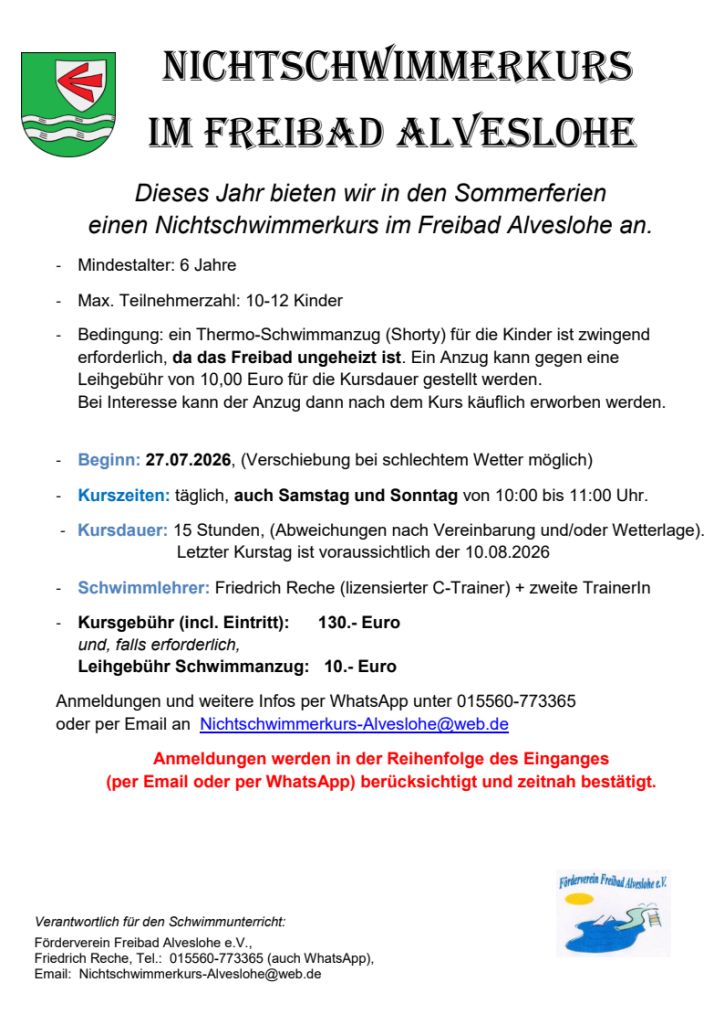 Formular und Infos zum Nichtschwimmerkurs Link zum Anmeldeformular für den Nichtschwimmerkurs im Alvesloher Freibad
