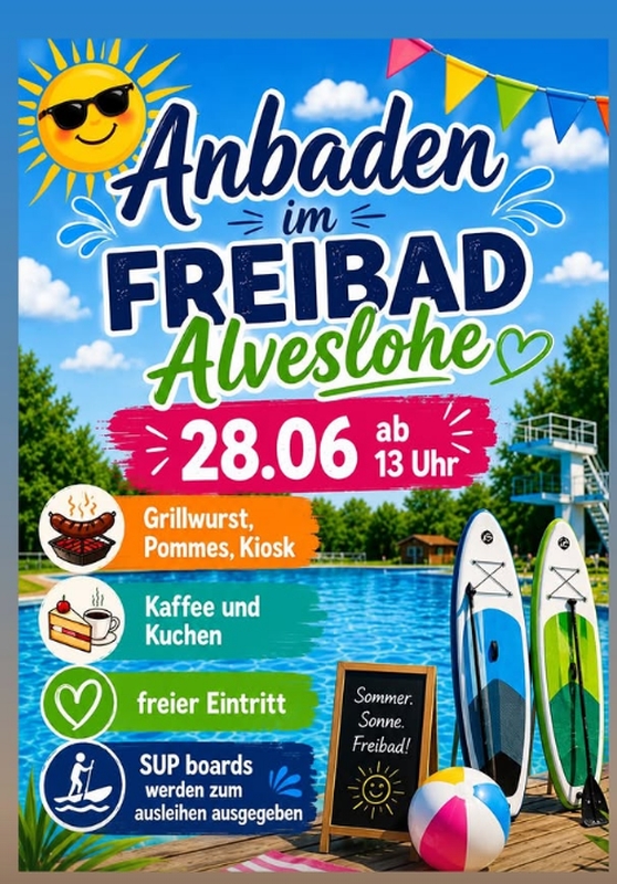 Anbaden im Freibad Alveslohe am 28.06.2026 ab 13.00 Uhr Eintritt frei